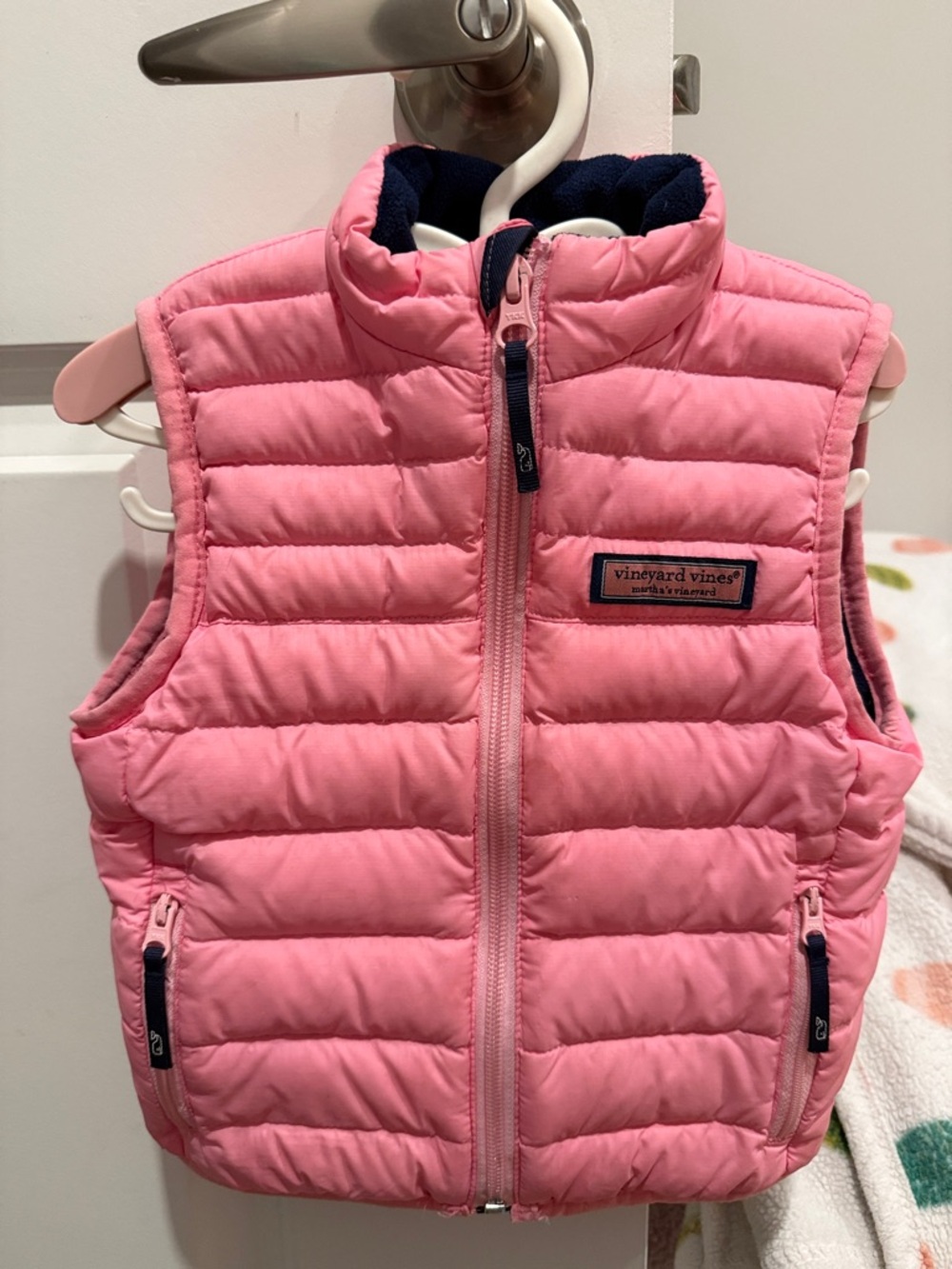 Vineyard Vines Pink Quilted Puffer Vest with Navy Trim